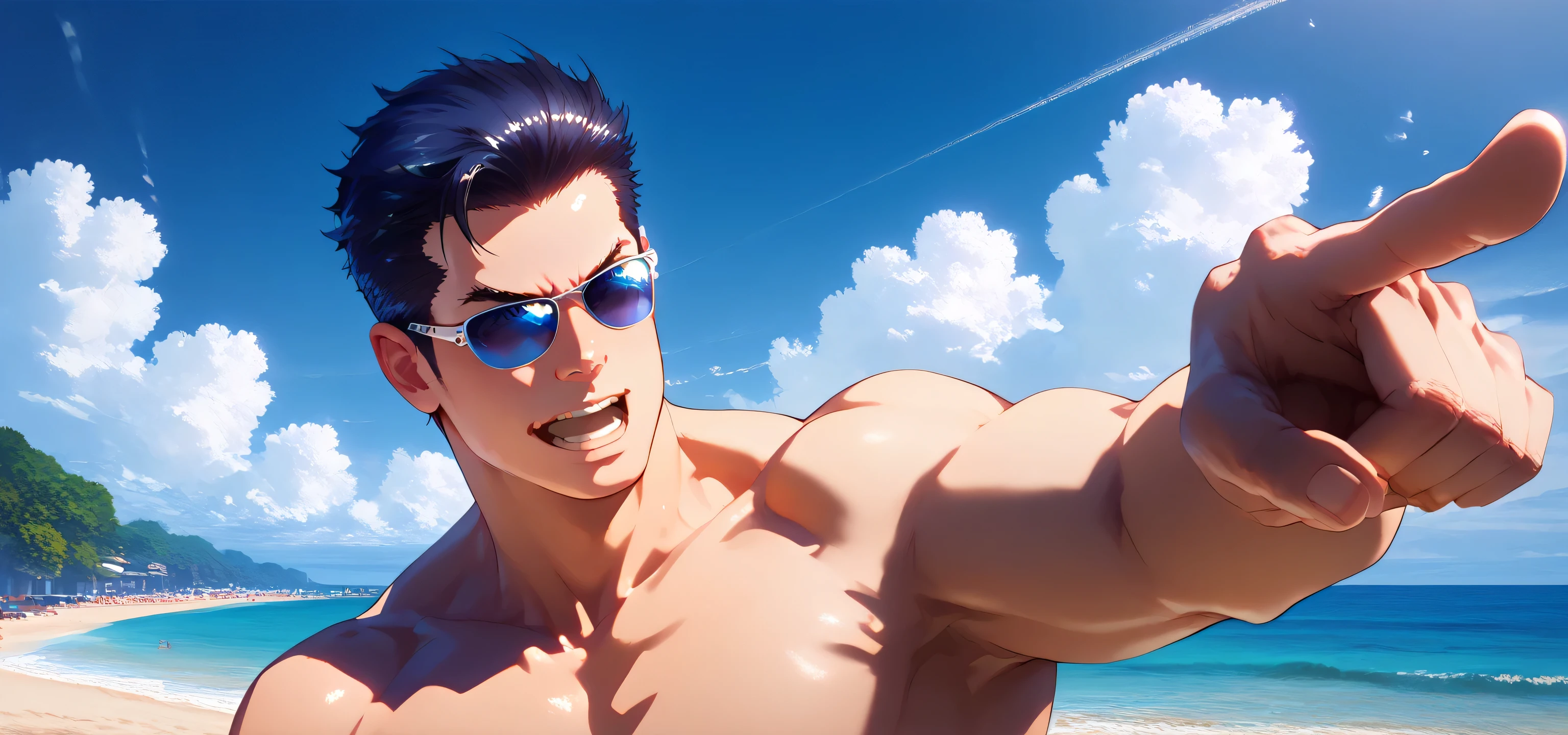 A faceless musuclar man striking an OBJECTION pose at the beach, closeup portrait, he is pointing dramatically, short black hair, wearing sunglasses, wearing blue swim trunks, shirtless, susicious expression, detailed, Masterpiece, beach background,