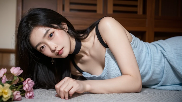 ((Highest quality, 8k, masterpiece: 1.3)), sharp: 1.2, Perfect Body Beauty: 1.4, Slim Abs: 1.2, ((nude、Big Breasts: 1.2)), (((Ribbed sweater:1.3, Off-the-shoulder sweater))), Short shorts:1.2, Expose your shoulders, (((Underbust: 1.1))), Face close-up: 1.0, Highly detailed face and skin texture, Beautiful Eyes, double eyelid, (((Looking down at the camera)))
