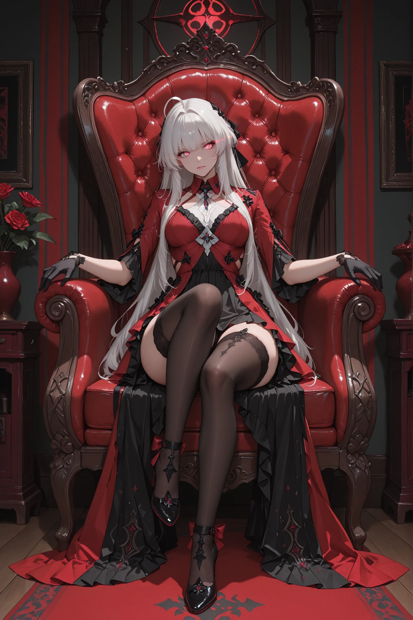 A girl with long white hair sat on the emperor's chair，Red eyes sexy black dress, Black pantyhose（blacksilk）, Left leg to right leg, Black high heels look down at the camera, Emoji smile, no extra limbs！Correct limbs！ --auto