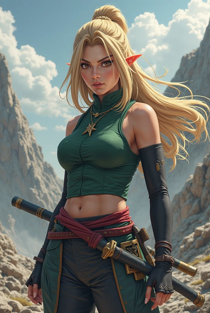 1 woman, inside a manual weapons room, wearing moss green ninja clothing, detailed facial features, feminine blue eyes, detailed light skin, very long blonde hair, large breasts, image showing full body, dramatic lighting, cinematic composition, palette cold, dark colors, atmospheric fog, strong body, thin chin, (best quality, 4K, 8K, high resolution, art: 1.2), ultra-detailed, (realistic, photorealistic, photorealistic: 1, 37)