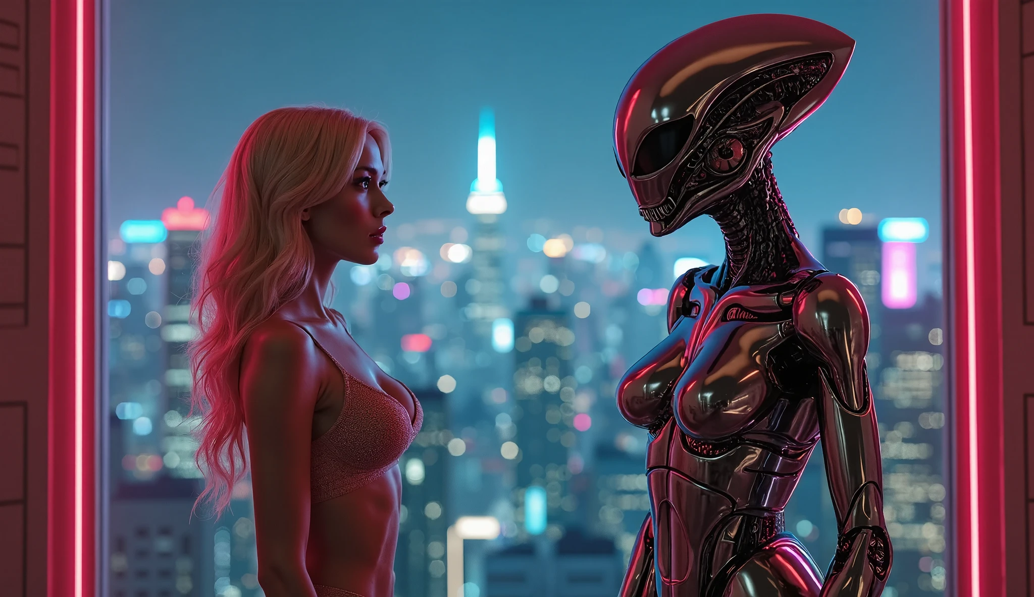 A frightening alien cityscapes, flying vehicles. At night, 1 technologically advanced, organic-realism-infused humanoid female robot, solo, photo realistic, medium-breast:1.3 slim body, cleavage, sling top, miniskirt, (matrix style black sunglasses, holding a short gun), half-body thigh level medium shot, cinematic lighting, ray tracing.