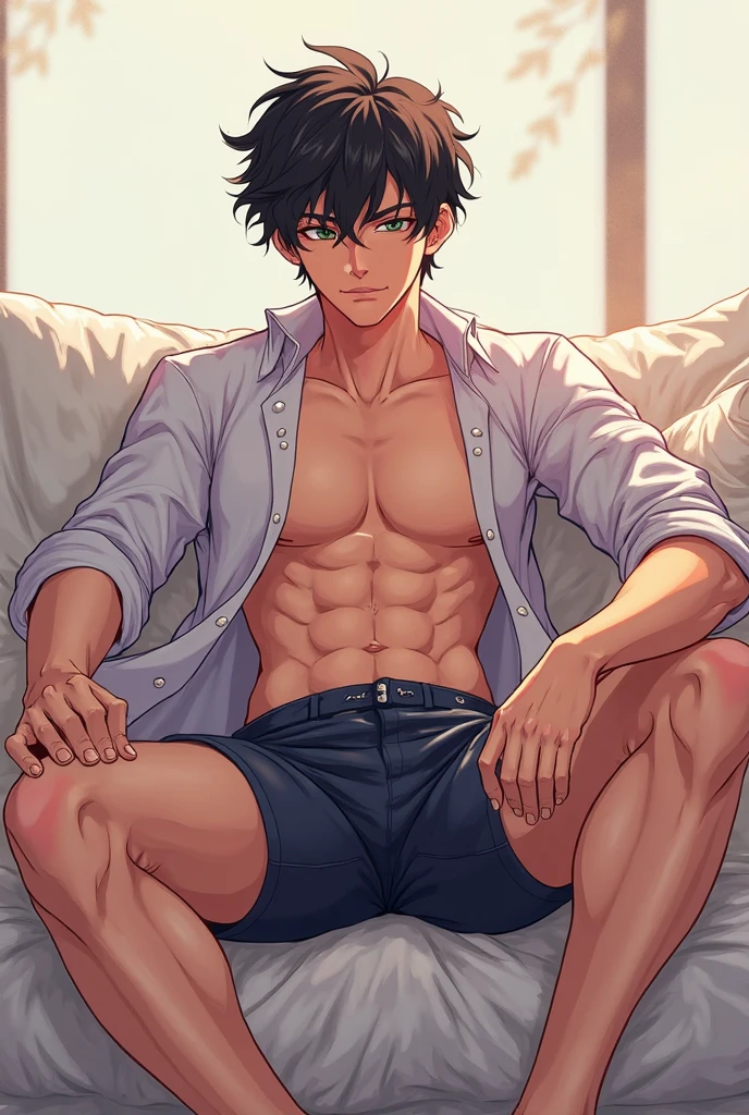 anime+yaoi+hentai style, hentai style colors palette , simetryc composition,  ultradetailed art style, oil painting, fullbody, perfect compositicion,  perfect anatomy, wearing small litle shorts, dramatic, natural lighting, a young gorgeous, shirtells pantless,barefoot, small, erected penis, handsome, tall, perfect feet, latino ,  detailed realistic muscles, simetryc body, 
 he is  naked, small erected penis, sitting on  the coach legs wide spreaded starting to the viewer  in a rustric living room