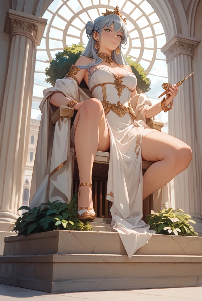 Marble statue of, cleavage, shiny stone skin, bottomless, topless, detailed expression, POV squatting on circular pedestal with protrusions, masterpiece, solid background, dark background, spotlight, high contrast, cinematic lighting, highest quality, best image quality