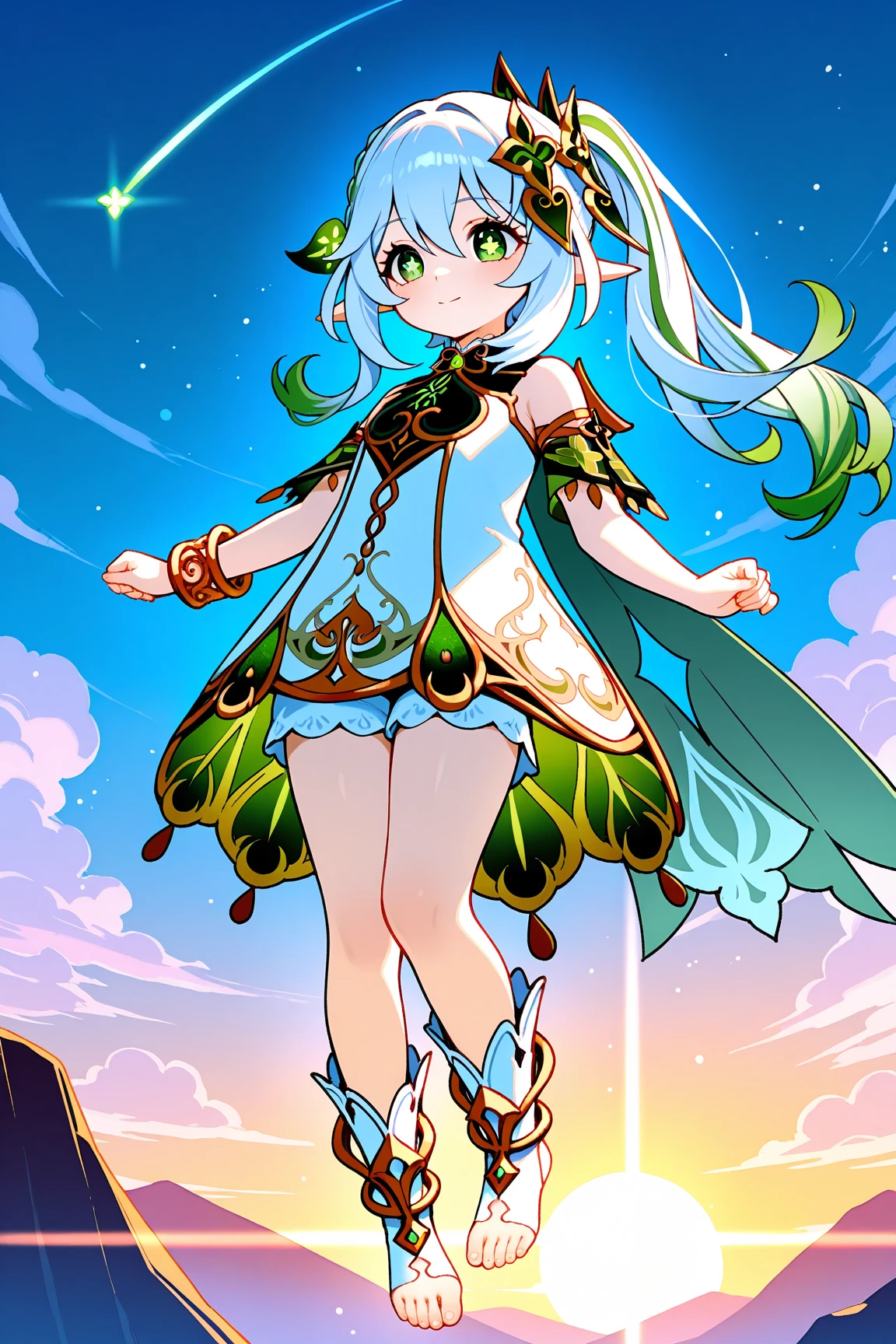 one girl,Nahida (/Genshin Impact/),The body of a ,Pointed ears , Earrings,white long socks,green eyes, side details, a light particles long hair, short sleeves,students in a symbolic form, small breasts, Positive topic, Sunrise , Focus on the foot , a light
,A masterpiece BREAK,the best quality,What ,perfect composition,perfect anatomy,Good hands,detailed face,cute face,has detailed eyes