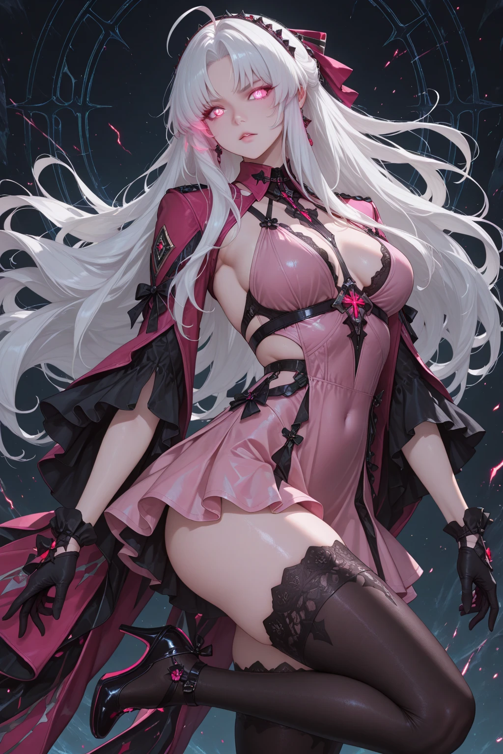 Silver hair, pink eyes, body, cat ears, woman, earrings, fantasy background, pink red clothes, hair bows, happy face, full body