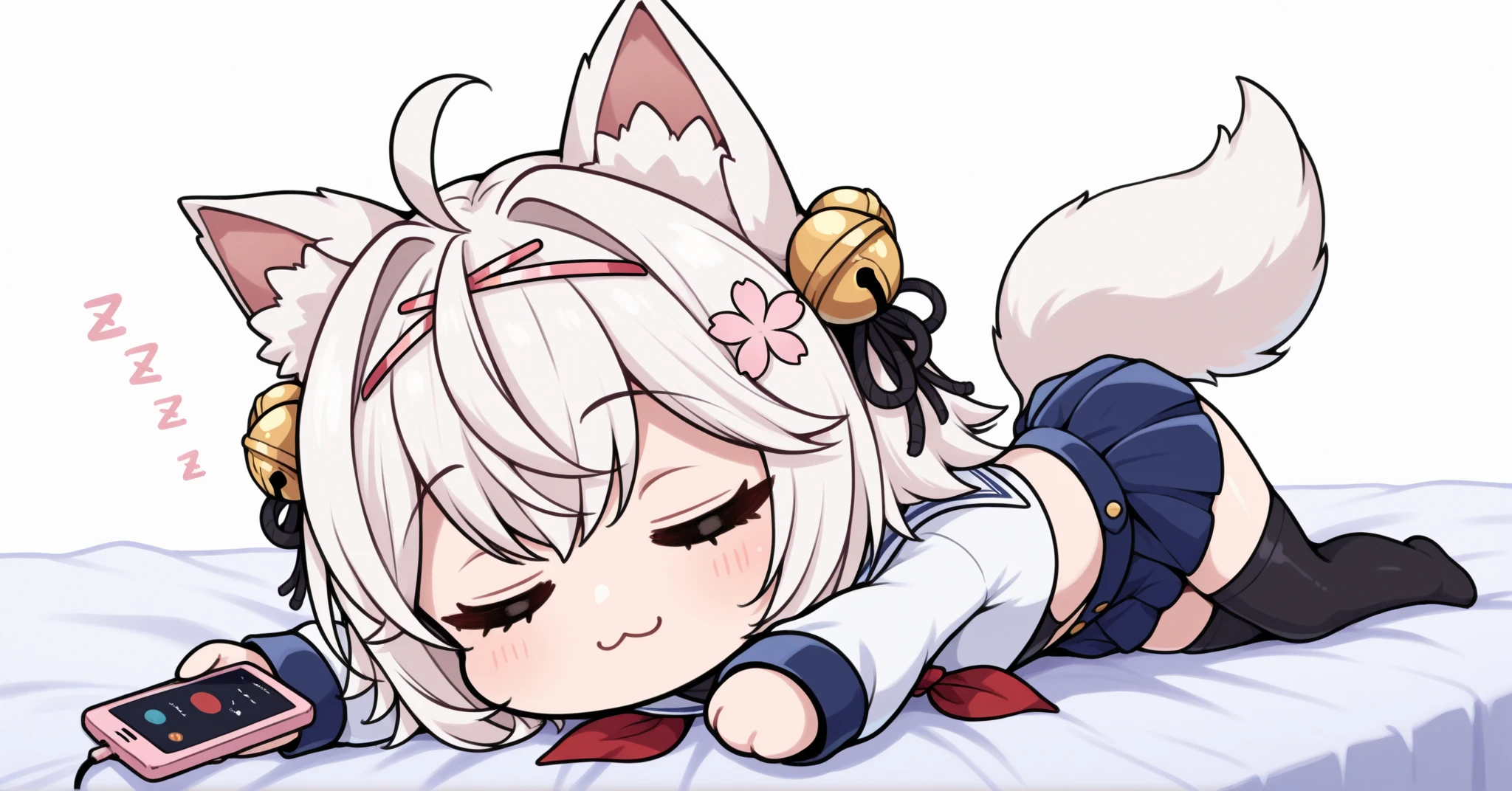 a boy with furry ears and tail, playfully lying on her bed, her round buttocks raised up and facing backwards, giving a playful look over her shoulder. She has a shy expression on her face with large expressive eyes and a cute small nose. Her paws are visible and add to the adorable appeal.