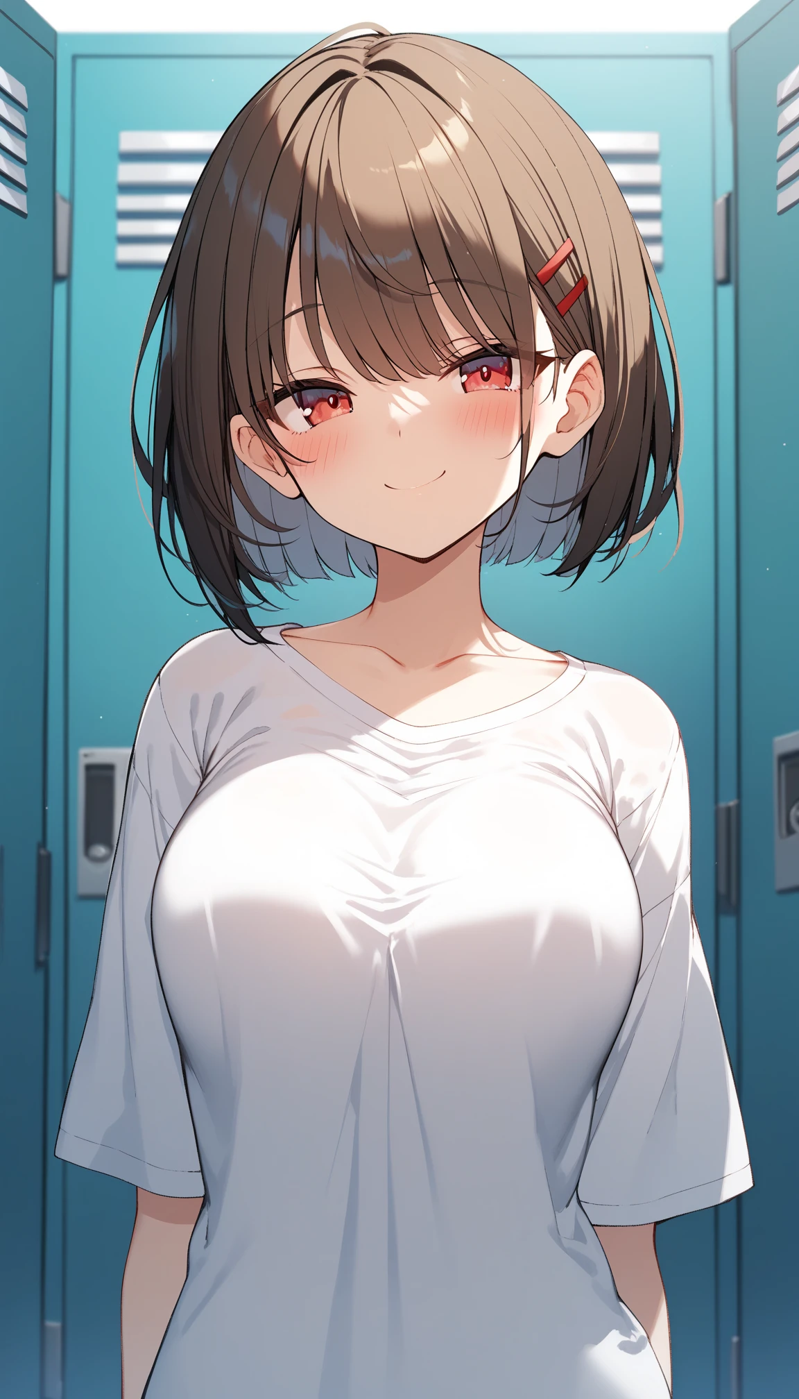 masterpiece、Highest quality、Ultra-high resolution、Medium breasted girl、red and large eyes,、Black short hair、The hair inside is colored、Troubled face、Please open your mouth a little、Oversized white T-shirt、((use sex toys))