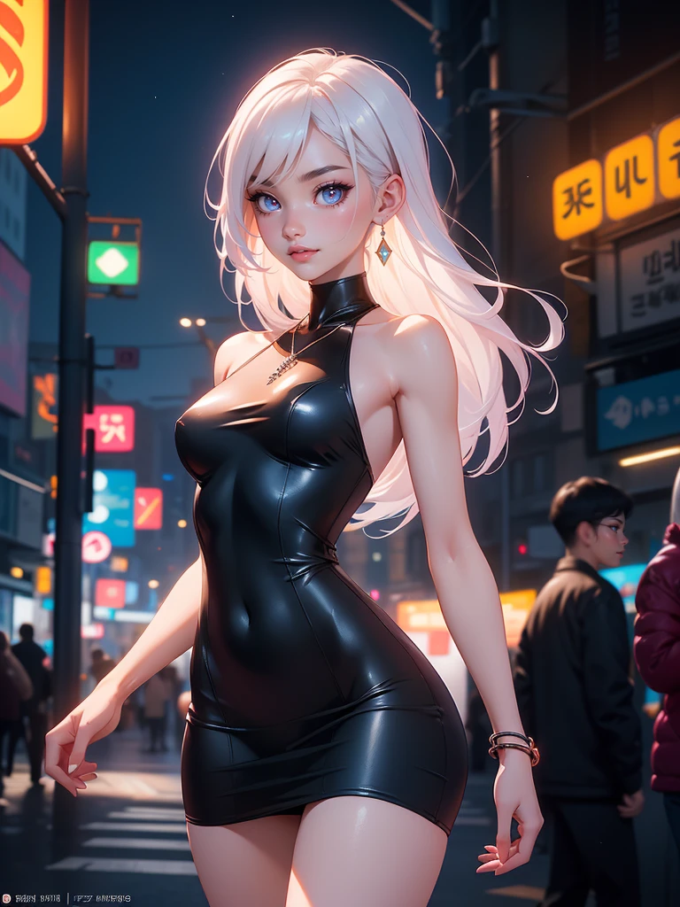 8 K, masterpiece, RAW photo, Best quality, detail:1.2), photorealistic, Extremely detailed Cg Unity 8 K wallpaper, depth of field, cinematic light, lens flare, Ray tracing, (incredibly beautiful face, beautiful lips, beautiful eyes), intricate detail face, ((ultra detailed skin)) 1 girl, In the dark, deep shadow, Cute Korean girl, k-pop idol, (Very thin and slender muscular body:1.3), ((view viewer)), (big smile), (bodycon mini dress), (pink dress), (Injection sleeve), (City night, (sign neon lights), (night), Cute Korean girl, earrings, bracelet, NECKLACE, tights, clear eyes, to walk, (pale skin), facing forward, (big eyes), ((upper body punches)), dress tightly, silk dress, Return, backshot, Very thin, slander
