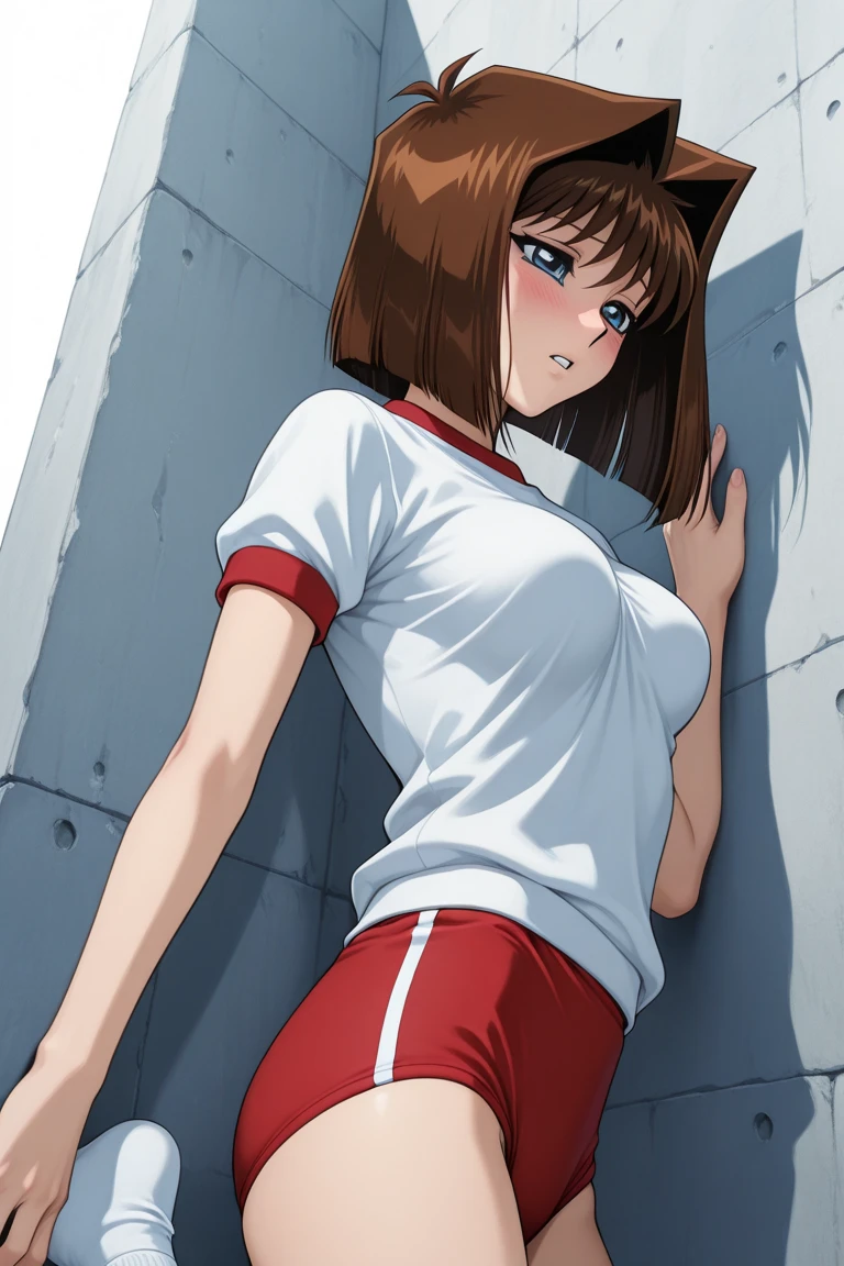 yagyu_wz, brown hair, brown eyes, ponytail, medium breasts, sports bra, sport pants, cowboy shot, dynamic pose, grass, outdoors, 1girl, (masterpiece:1.3), (high resolution), (8K), (extremely detailed), (4k), (pixiv), perfect face, nice eyes and face, (best quality), (super detailed), detailed face and eyes, (solo), textured skin, absurdres, highres