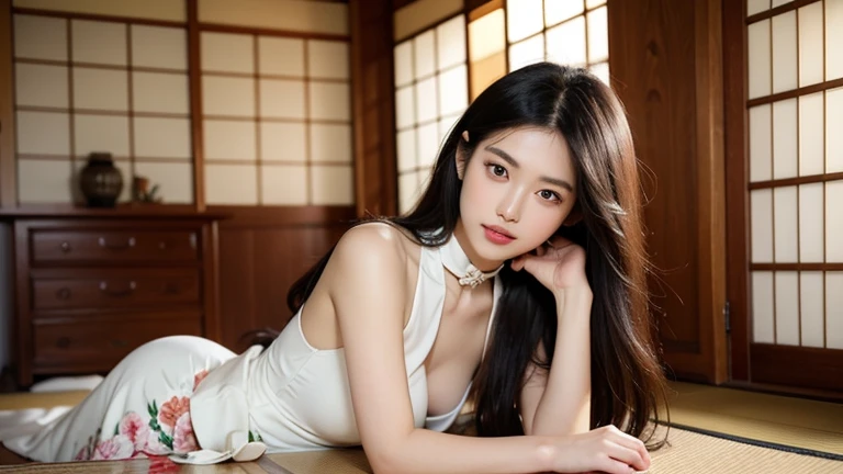 RAW photo, extremely delicate and beautiful, masterpiece, Best Quality, ultra high resolution, 16k, hyperrealistic, ultra-detailed, Very detailed CG 8k wallpaper, Beautiful Lighting, Perfect Lightning, Realistic Shadows, perfect anatomy, super Detailed shiny skin, perfect figure, Japanese woman, late 20s, very Slim body, narrow waist, very small head, handsome detailed woman, very detailed eyes and face, realistic face proportions, Stunning detailed eyes, Realistic beautiful face, very small face, Realistic small beautiful eyes, double eyelids, makeup, tearful mole, mole on chest, earring, bare legs, beautiful and very thin legs, beautiful and very thin thighs, ((very huge round breasts)), ((full body shot)), (short hair), wavy hair, ((secretary uniform)), ((Lying down on back)))
