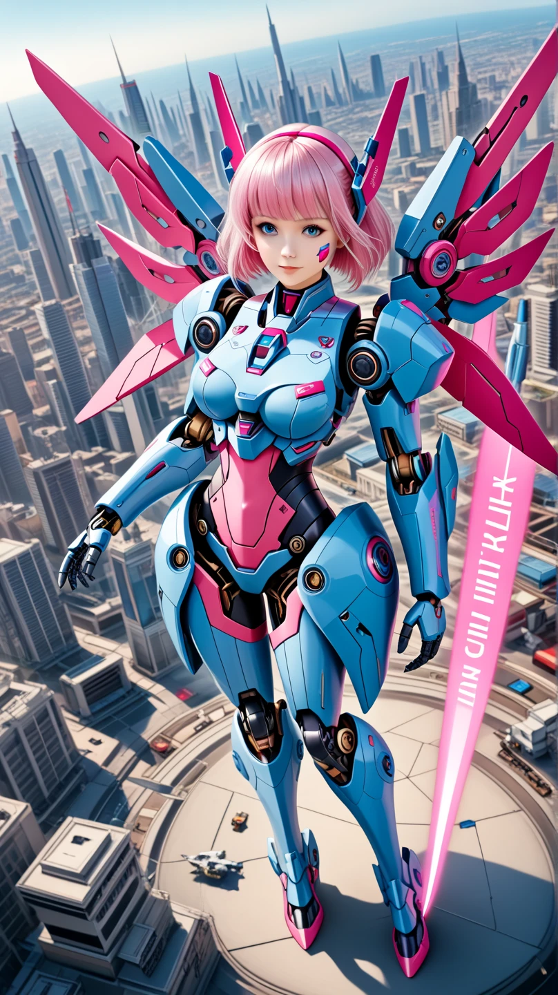 A gundam mecha, pink tulip decorations and color scheme piloted by a with bubblegum colored hair, cute gundam, cute girl, war torn city