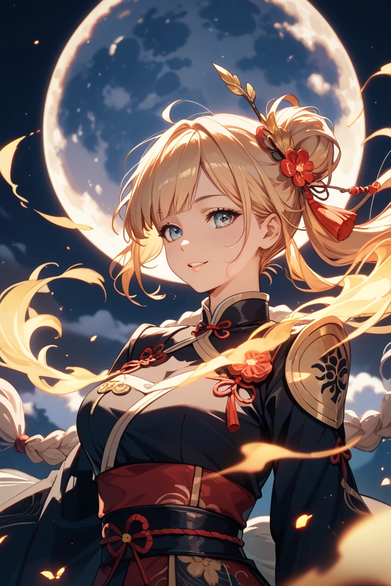 Half of Ningguang's blond hair is tied up into a wide bun resembling a bow. The rest falls into two divided parts. Her bun is accessorized with a black hairpin, and she wears a red tassel decoration atop her head which lays between her eyes.

Ningguang wears a white, high-necked sleeveless qipao dress with side slits that reach up to the thigh, unveiling black shorts with diamond-cut patterns, below her left midriff where the Geo Vision resides. Ginkgo and phoenix motifs are embellished throughout her dress, accessories, and detached ruffled sleeves. Her gloves are decorated with copper patterns and claw attachments on the thumb, ring, and pinky fingers that act as Antique Chinese fingernail guards.  SPARKLE; GLITTER