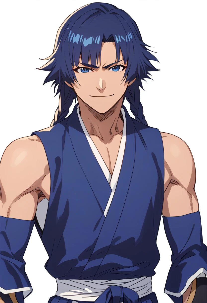 score_9, score_8_up, score_7_up, BREAK,
1boy tall,male,muscle, toshimaro sosuki, long hair with long locks, blue hair, blue eyes, braid,
blue japanese clothes, (blue hakama:1.3), detached sleeves,
upper body, smile, solo, looking at viewer, simple background, white background   