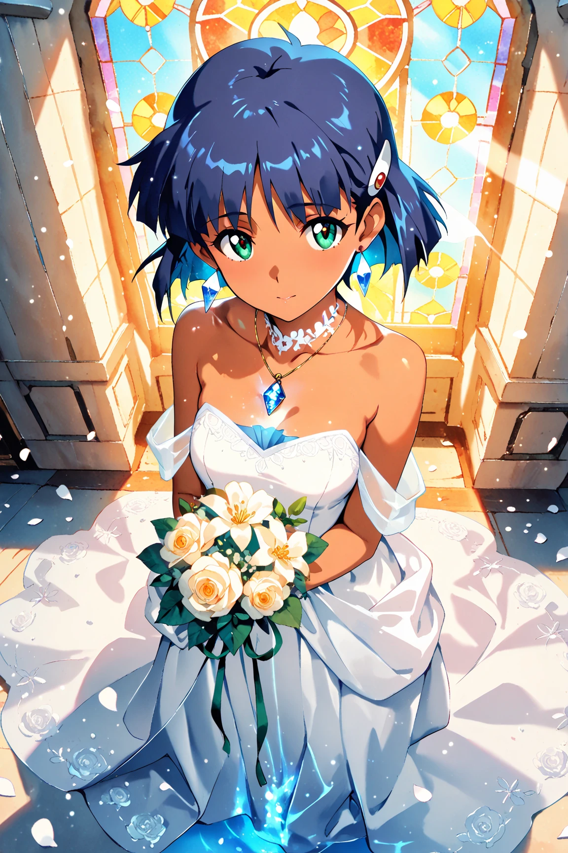(masterpiece, best quality, ultra-detailed, anime-style, cinematic lighting), Nadia La Arwall from "Nadia: The Secret of Blue Water", standing at the entrance of a grand cathedral, wearing an elegant white wedding dress with lace and subtle gold embroidery, her indigo-blue hair has grown longer and is beautifully tied up in a formal bridal style, a glowing Blue Water crystal pendant rests at her , holding a beautiful bridal bouquet of pastel-colored roses and lilies with trailing ribbons, soft and joyful expression, glowing stained glass windows behind her, magical light rays shining down from above, flower petals scattered on the ground, warm sunlight streaming through high arched windows, fantasy wedding ambiance, serene and sacred atmosphere
