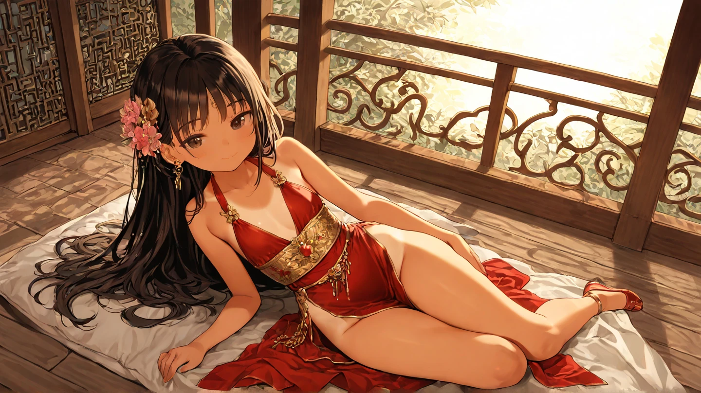 an beautiful asian slim girl dancing in red saree realistic picture , showing belly , in the middle of trees , hands behind her head , lying in bed , stylish , open lip
