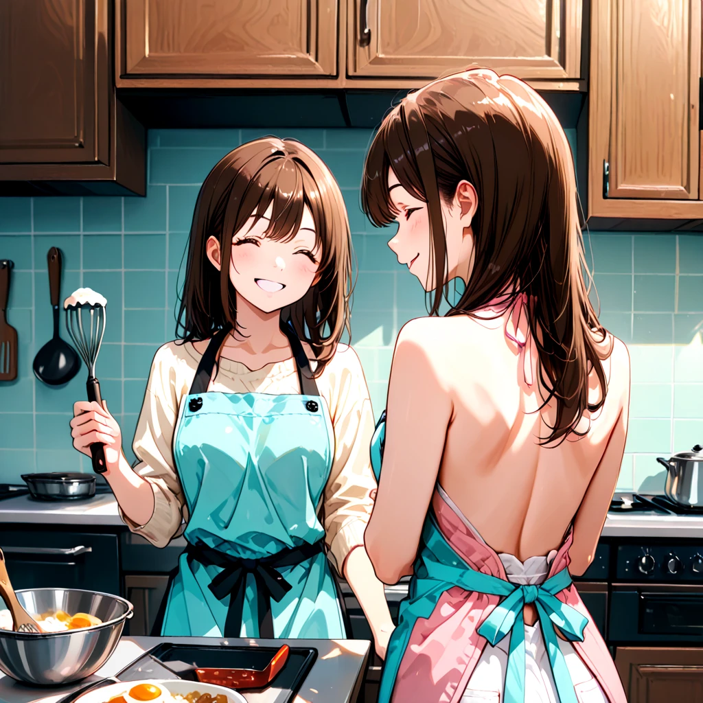 (Best quality:1.3), nakano miku, brown long hair, hair between eyes, (naked:1.2), (apron), busty, standing, (pov), smiling, kitchen