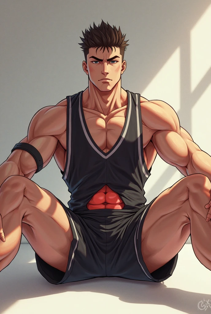 Highest image quality，male people，Katsuki Bakugo，anime，anime wallpaper，Solo，malefocus，Briefs，Dilation of the pectoral muscles，Bulging crotch，Urban background，spread their legs，Sexy,(Masterpiece, Best quality),Business socks，Sock clips，leather shoes,((garter))，CG sense，Dark atmosphere，8K,Cinematic lighting effects, red eyes
