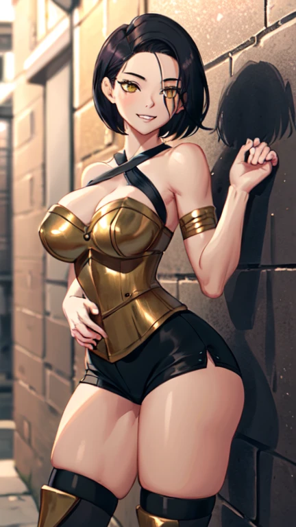 photo of mlp Meowko, RAW, beautiful woman, ((portrait)), ((detailed face:1.2)), ((anime face, anime facial feature, beautiful anime mouth, clear skin, clear skin), (short messy lesbian haircut, one shaved side, brunette: 1.55), (perfect proportioned body, Strong, muscular, narrow waist, narrow hips, skinny, large breasts), (frilly dress, framed cleavage, shiny dress, sparkly dress, glittery dress, hoop earrings, big thighs, massive thighs, tiny waist, small waist, cinched waist dress, opera gloves, evening gloves, (skin tight gloves), (intricate medieval Castle background:1.1), (realistic photo, best quality, detailed), (8k wallpaper), (cinematic lighting, beautiful light, (day:1.3)) (sharp focus, intricate)