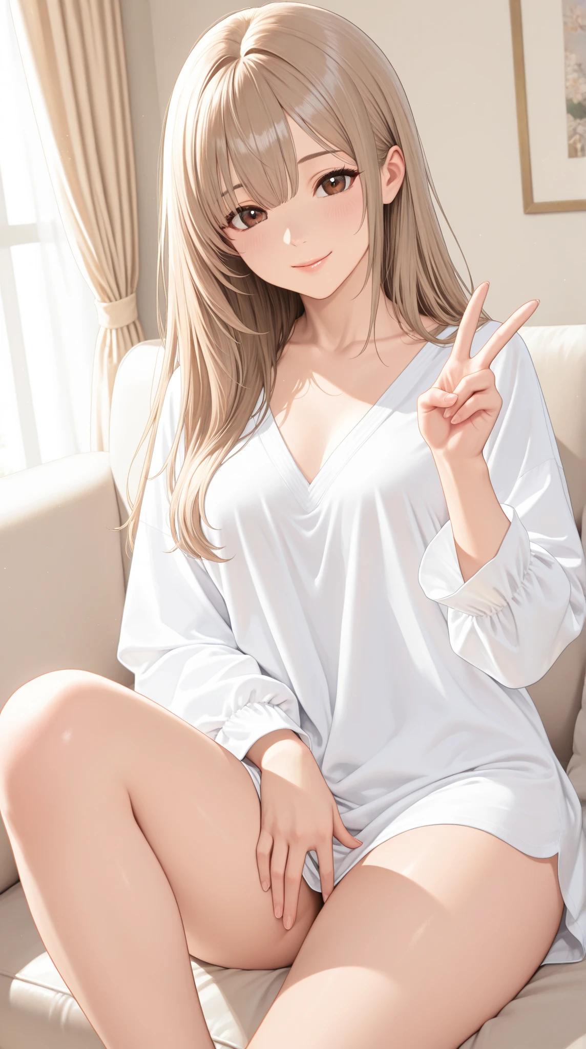 beautiful woman highlighting her lower lip,smooth and beautiful skin,masterpiece,High Quality, very well detailed,(light brown hair),long hair,long bangs,brown eyes in the bedroom,kind smile,loose long sleeve blouse shirt,hide your thighs with a shirt,woman sitting on the couch,Sit with your thighs aligned,peace sign,Place your finger on your lips