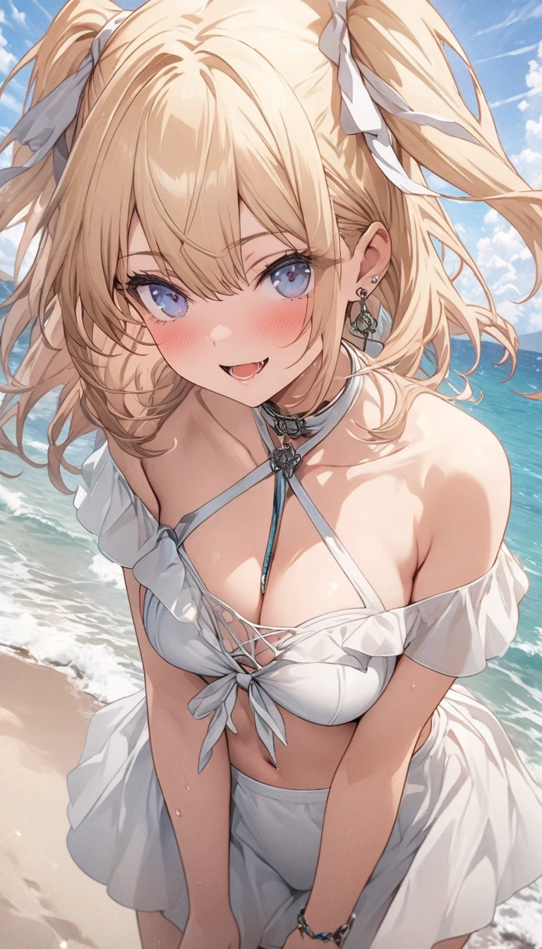 High resolution, A face with attention to detail, ((One Girl))、((cute))、Big smile、Blushing、Open your mouth、Blonde、Twin tails、Ultra detailed face、Very fine eye、Ultra detailed hair、Beautiful beaches、Palm tree、Bright sunlight、Beautiful blue sky, Movie angle, Professional Lighting, Highest quality, masterpiece, sharp, Perfect focus, Bokeh, photoRealistic, (Beautiful, detailed eyes: 1.3), Realistic, (3D Face:1.1), (Shiny skin:1.5), (超High resolution intricate face details), (Facial skin pores:1.3), 超High resolution, 8k eye detail, Super huge breasts, Emphasize your breasts, nude, Huge nipples, vagina, clitoris, (View your viewers) break (Bust up shot), topless