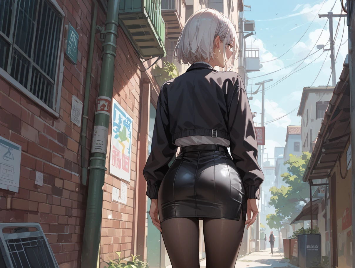 High resolution, Highest quality,  super high quality, Ultra-detailed, Cinematic lighting、(四つん這いのButt:1.5)、(squat、woman 、(suit:1.5)、(Black Mini Skirt:1.5)、Bobcut、White Hair、Blue eyes、Beautiful Skin、Beautiful Face、Embarrassing、Beautiful Eyes、Sweaty、Sweat、Butt、完璧なButt、叩きたくなるButt、エロいButt