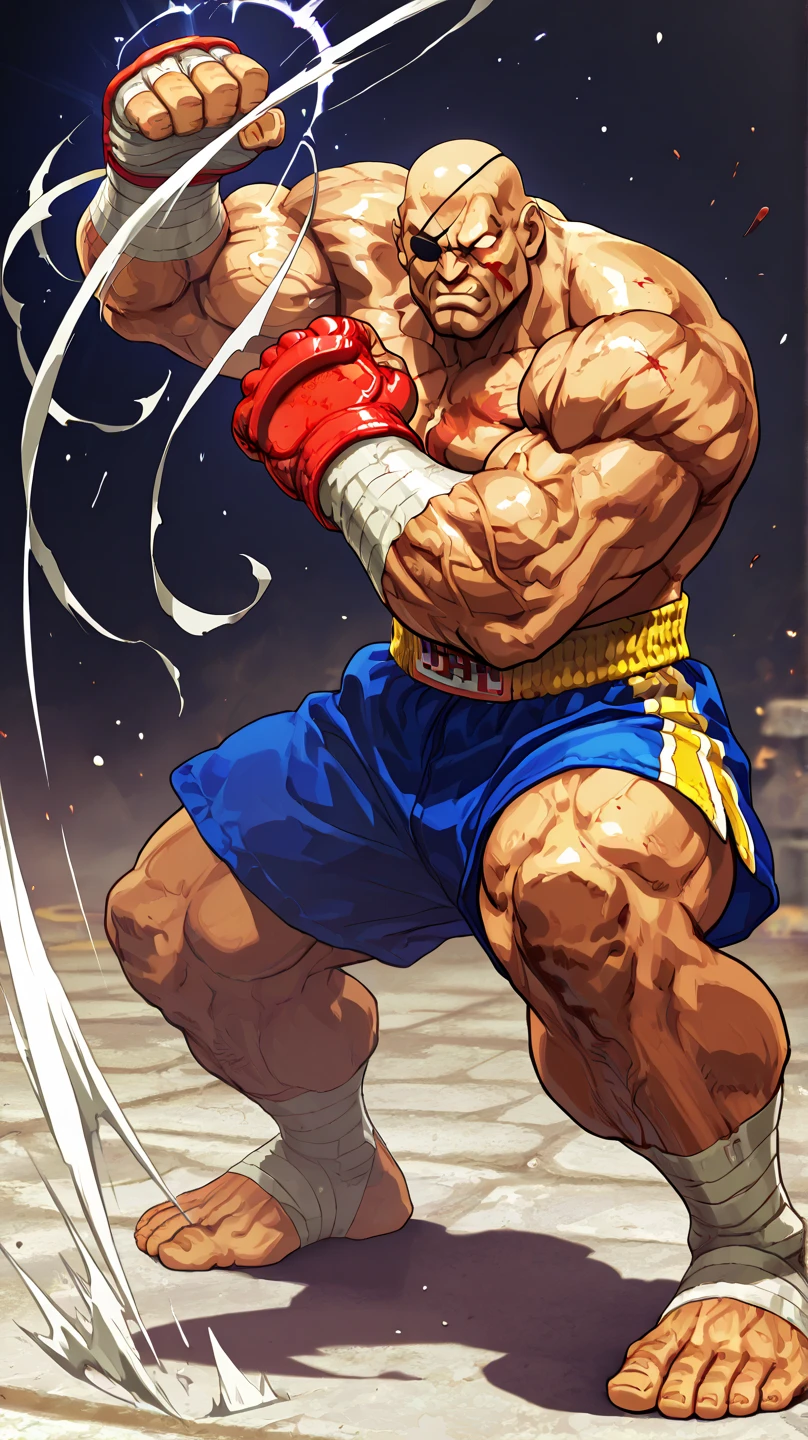 3D Photorealistic, Masterpiece realistic, best high quality, perfect details, RAW Photo, intricate details, nice lighting, 4K, detailed background, (excessive huge muscle:1.5), (huge buff muscle:1.4), (veiny muscle:1.5), victor asimov from powerpunch, hot beard, boxer, looking at viewer, boxing white glove, lightning eye, well built abs, muscular, bruises, sweat, blood, steam, red glove, posing, (look at viewer:1.2), huge bulge, beaten down, (exhausted:1.9, sweat:1.9, bruised:1.9, blood:1.9), details physic muscle, (hard breathing:1.9), mouth open, high details facial expression.