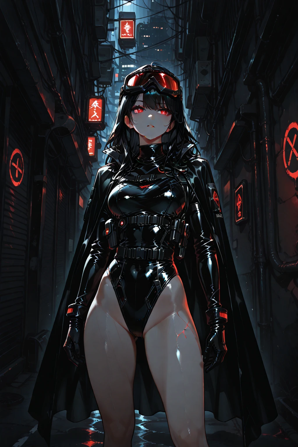 female, cyberpunk scene, woman criminal, dangerous (yakuza:1.2) android prostitute wearing glossy black mecha bodysuit, detailed silk cape,sleek (visor:1.2) hi-tech, intricate designer lingerie, red lipstick, (neon red sun:1.1), orange sky, <lora:nijiarmor:0.9>