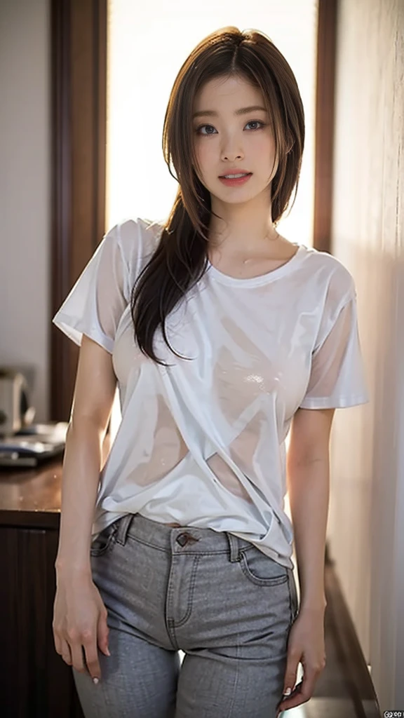 (8k, RAW Photos, Highest quality, masterpiece:1.2), Super detailed, Super Resolution, (Realistic, Realistic Photo:1.37), Portraiture, High-definition RAW color photos, Professional photos, 非常に詳細で美Shii, 非常にDetailed, 8k wallpaper, 素晴らShii、Detailed, Large file size, Official Art, highly detailed CG unity 8k wallpaper, 非常にDetailed美Shii女の子, 非常にDetailed顔, 非常にDetailed目, 非常にDetailed肌, Very elaborate fingers, 非常にDetailed鼻, 非常にDetailedDetailed口 , Perfect Anatomy, 非常にDetailed背景, Very fine clothing, One girl, (20:1.2), 20th Generation, cute girl, Realistic body, , Fair skin, Glowing Skin , The body is slim, Handsome body, Black Hair , short hair, (Blunt bangs:1.2), smile, cute, like々Shii, cute face, Realistic Face, Delicate eyes, Droopy eyes, lingerie, See through, Earrings, View your viewers, Cowboy Shot, Look forward, Standing posture, Opposition, Dynamic Lighting, Very large breasts, Cowboy Shot