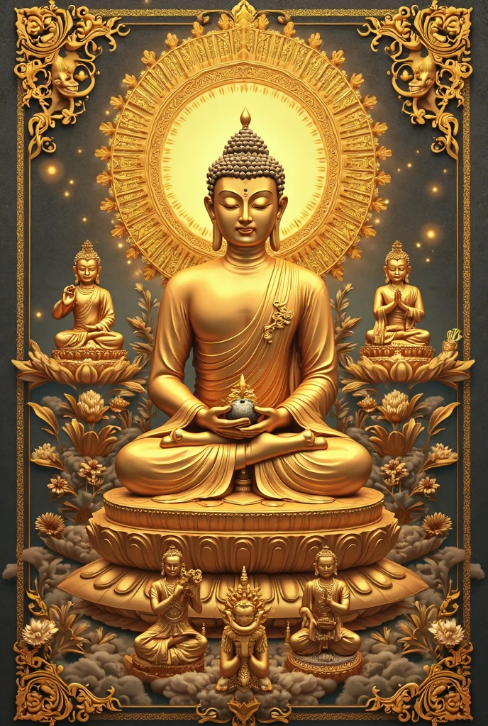 A highly detailed and intricate wood carved Buddha statue, a seated Shakyamuni Buddha, with a boat-shaped mandorla and lotus throne, placed in a small Buddhist altar, serene expression, intricate robes, realistic textures, warm lighting, photorealistic, award winning sculpture, 8k, hyperrealistic