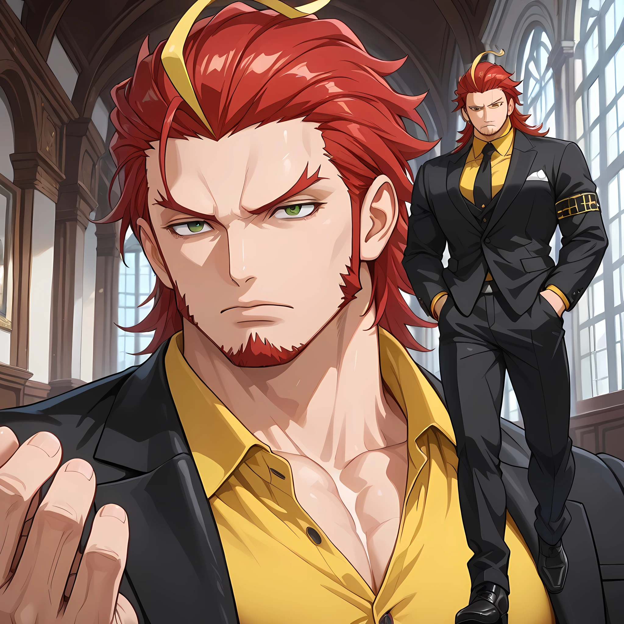 (side angle, extreme close-up), ((anime skin texture, 1man walking with hands in pockets, perfectly detailed scenery, best image quality, full HD, perfectly detailed appearance, perfectly detailed eyes, 1man, man in a luxurious mansion, man standing showing off his muscles, in a hallway of a mansion):1.10), {Law Trafalgar}:((1man, serious look, red hair with yellow highlights, long straight hair slicked back, adult man, muscular and developed body, mature man, yellow braid:1.2, green eyes, black dress shoes, luxurious suit, black long pants, yellow dress blouse with black tie, black cloth armband, perfect lips, indifferent look, panting, muscular arms and legs, thin red eyebrows, fire-shaped ahoge:1.2, two-tone hair colors:1.2, lower hair in yellow tone:1.05)).
