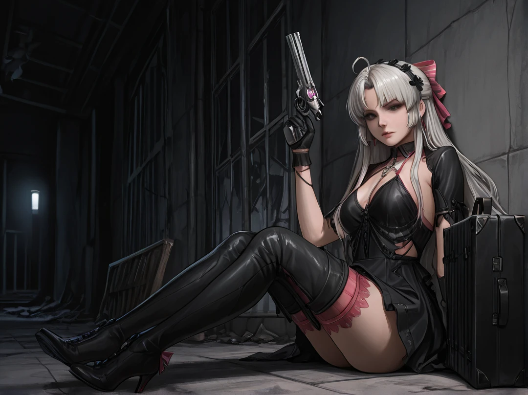 masterpiece, best quality, highres, soft lighting, church, window, sunlight, 1girl, medium breasts, long grey hair, red eyes, nun, habit, black choker, side slit, shoulder cutout, hip bones, black thighhighs, kneeling, <lora:hKHK416Lora_v20:0.7>, (holding weapon, holding rifle,aiming,aim:1.2), cowboy shot
