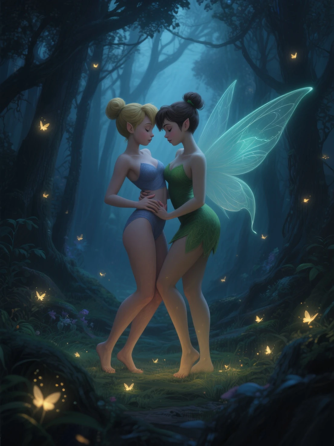 (masterpiece:1.4), (best quality:1.2), (photorealistic:1.37), ultra-detailed, highly detailed, 8K, (a realistic life-like picture of Tinkerbell), (wearing a green bikini made out of large leaves), (transparent fairy wings:1.1) attached to her back, (blonde hair:1.2), (realistic skin texture), (hair in a single bun on top of her head:1.2), (tidy hair), (pretty face:1.2), (very large breasts:1.5), (white skin:1.2), light yellow bioluminescent glow around her, (((pixie wings on her back on both sides))), sitting inside a dollhouse mansion, smiling, flirting, viewed from a distance, ((full body)), #detailed, #enhancer