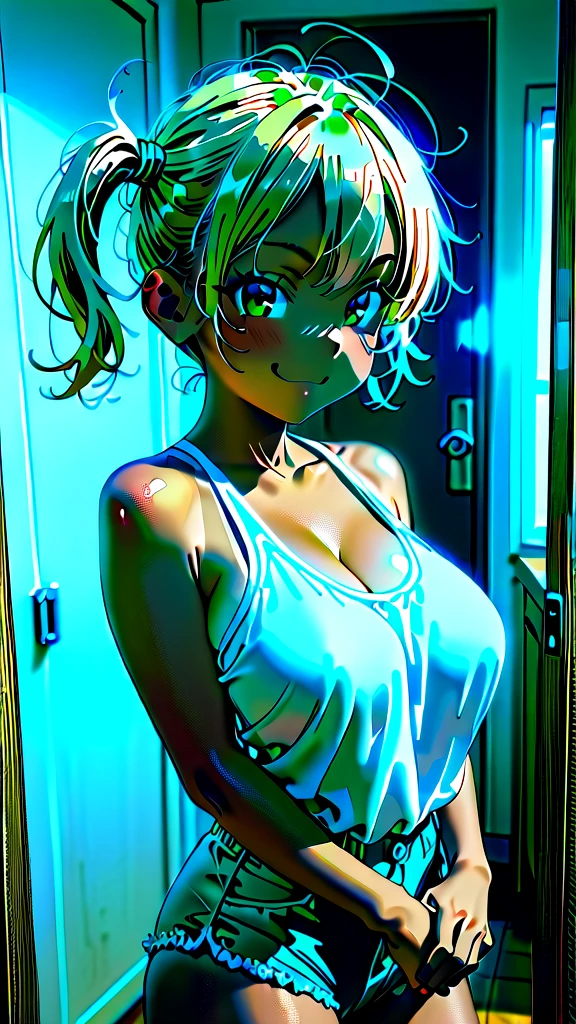 (a girl in summer clothes), (Camisole, random color), 25age, casual dress, making as if she wants to kiss you, (cute girl bending down looking at camera), large breasts, cleavage, random hair color, random background, Vivid Photos, flirtatious look, ((very detailed)), (perfectly detailed face), cute face, (well detailed hand), photorealistic image, bus stop, bench,countryside, ((rain, bus stopでrain宿り)), (rainbow, A sky with a rainbow), レトロなbus stop, (slouch), ((A refreshing smile)),