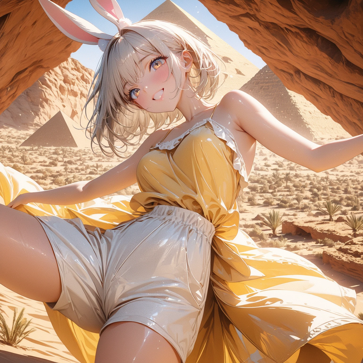 Bunny woman, rabbit woman, hot pants, belt, blue eyes, tan skinned female, fingernails,, long pony tail, viera, sand background, light brown hair, midriff monk pose