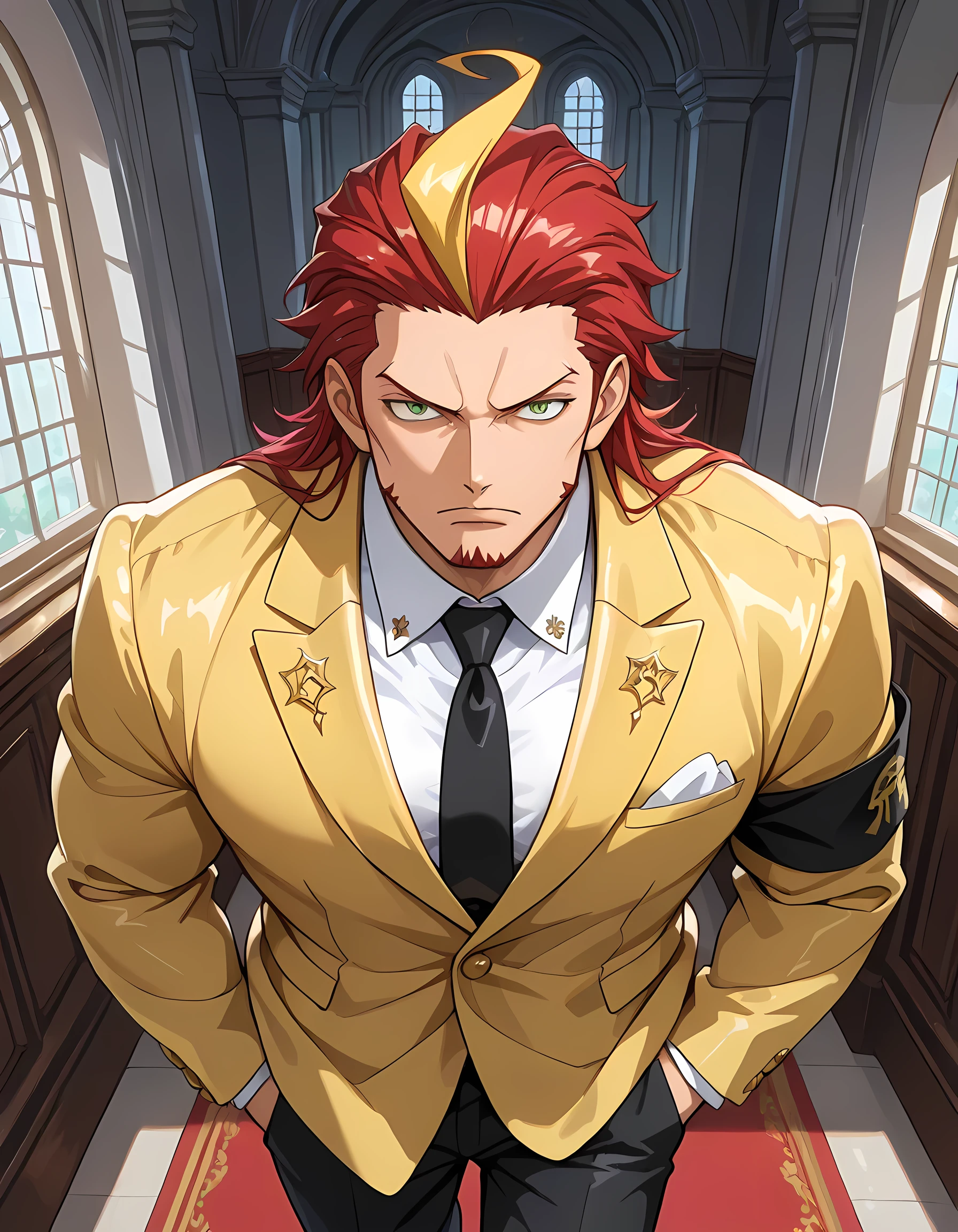 (high front angle, extreme close-up), ((anime skin texture, 1man walking with hands in pockets, perfectly detailed scenery, best image quality, full HD, perfectly detailed appearance, perfectly detailed eyes, 1man, man in a luxurious mansion, man standing showing off his muscles, in a hallway of a mansion, solo):1.10), {Law Trafalgar}:((1man, serious look, red hair with yellow highlights, long straight hair slicked back, adult man, muscular and developed body, mature man, yellow braid:1.2, green eyes, black dress shoes, luxurious suit, black long pants, yellow dress blouse with black tie, black cloth armband, perfect lips, indifferent look, panting, muscular arms and legs, thin red eyebrows, fire-shaped ahoge:1.2, two-tone hair colors:1.2, lower hair in yellow tone:1.05)).

