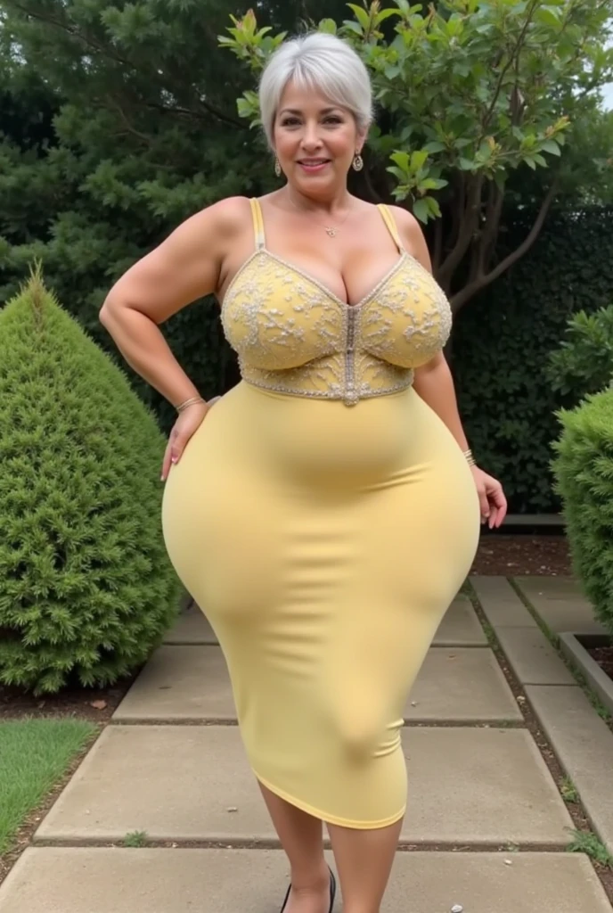 A woman wearing a yellow one-shoulder dress posing for a photo、erotic smile、(Smooth Dresses:2)、Smooth Dresses、thick, (Super Strong Super Huge gigantic breasts、Insanely bulging:1.5)、Thick serving、rubenesque, curved hourglass illustration, Curvaceous, Curvaceous, thick body, (skinny waist and thick hips,widehip、Insanely bulging ass:1.5)、tight dress, plus sizeの, thick build, thick, plus size, young woman, plus size woman, lady using yellow dress