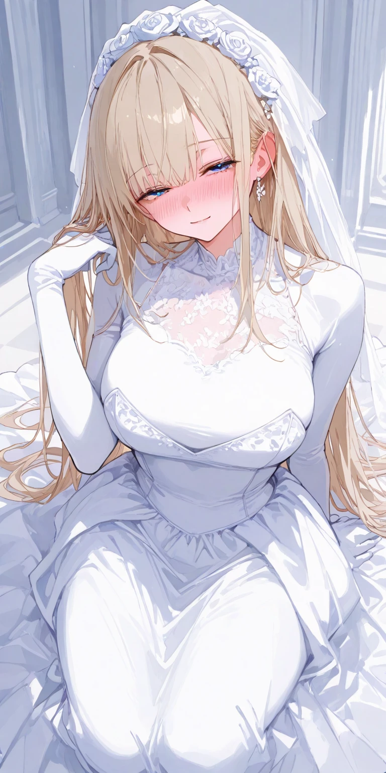 Wearing a wedding dress、Anime bride sitting on bed with veil on her head,  In a dress, blonde anime girl with long hair, [ 4k digital art ]!!, From Girls Frontline, Enchanting anime girl, Anime Goddess, Ahegao, Breasts covered and SFW, Top rated on pixiv, shikamimi, have large breasts, Beautiful and attractive anime woman、Heart Eyes
