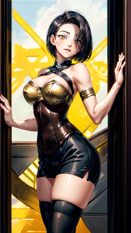 tall beautyfull woman, bayonetta shape, golden robotic arms, short hair, golden earring, black panties, golden bracelet, slender body, natural body, milf