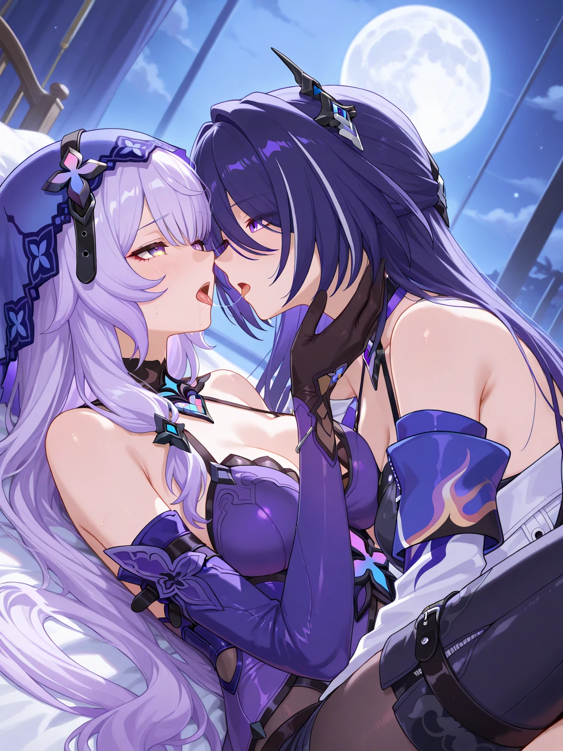 Magic Warrior, purple and blue hair, anime girl in sexy costume posing in front of full moon, two beautiful anime girls, anime girl, nightcore, anime style 4K, best anime 4K Konachan wallpaper, two pure moons, twin tails, ultra hd anime wallpaper, 4k anime wallpaper --auto --s2