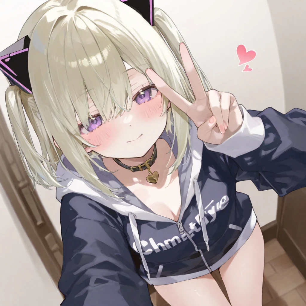 score_9, score_8_up, source_anime, CheshireMGE, two-tone hair, long hair, hair bow, cat paws, facial mark, striped tail, smile, open mouth, white hoodie, long sleeves, oversized hoodie, bottomless, thick thighs, v, simple background, white background,