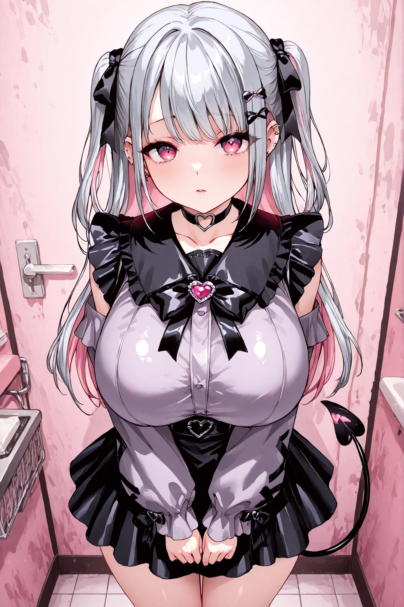 (1girl),(jirai kei),half twin tail, silver hair color ,Pink Inner hair Color,standing,short,huge Breasts,clothed jiraikei