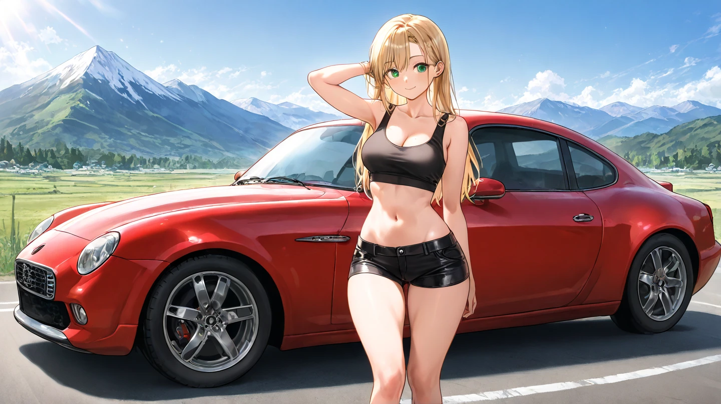 Sofia Vergara (age 25, American flag bikini), looking under the hood of a sleek sports car, glamour shot, low angle