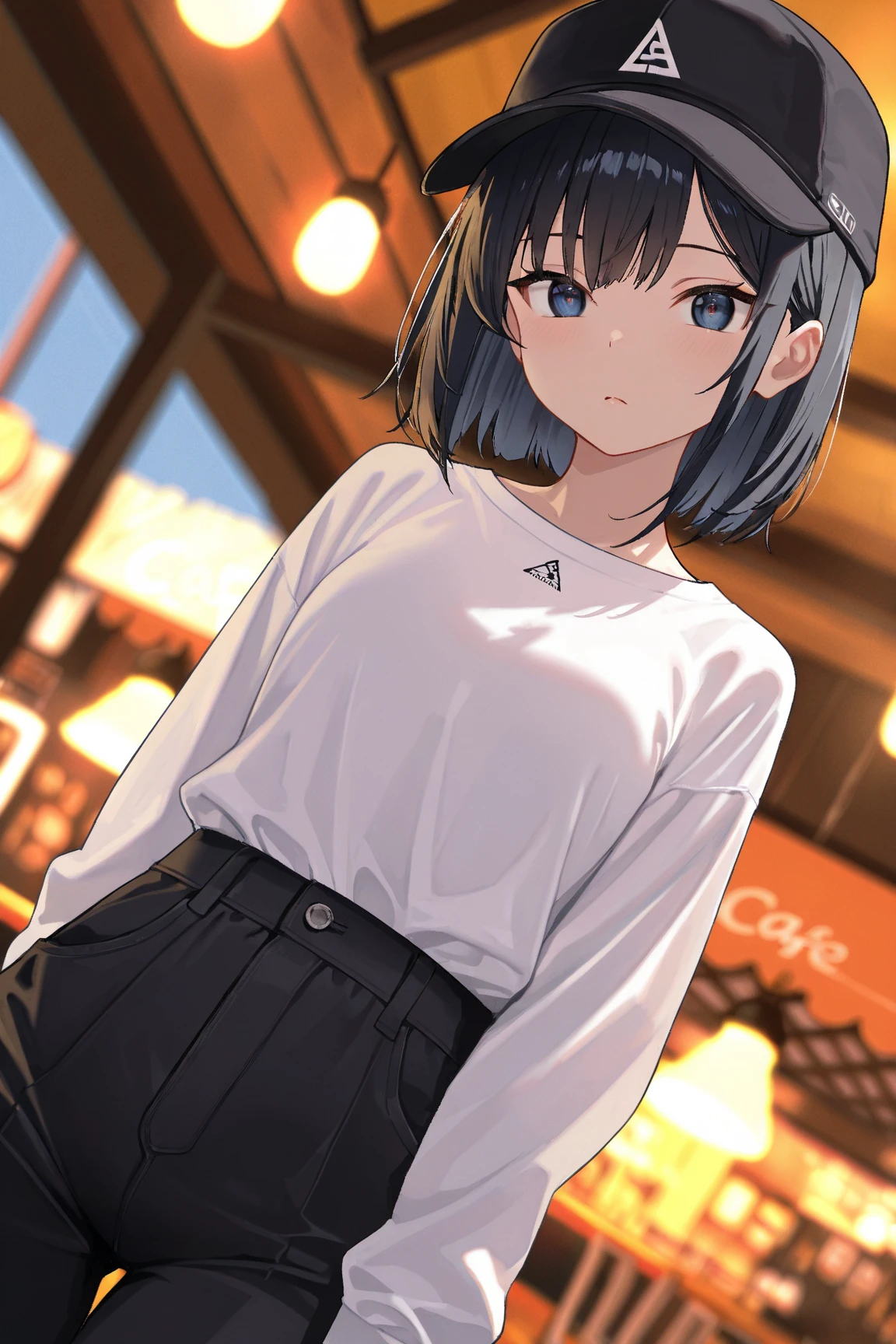 (top-quality、32K image quality、masterpiece、nffsw:1.2)、a cute loli、Medium short hair、short braiding、beauitful face、(Slouched:1.3)、at the sunset、crouching down、(From above:1.3)、(a closeup:1.4)、small curvy loli、((You can see the chest))、Bust Up Perspective、Loose baggy T-shirt、(beautiful nipple slips:0.9)、outside of house、the wind、shinny skin、blurry backround