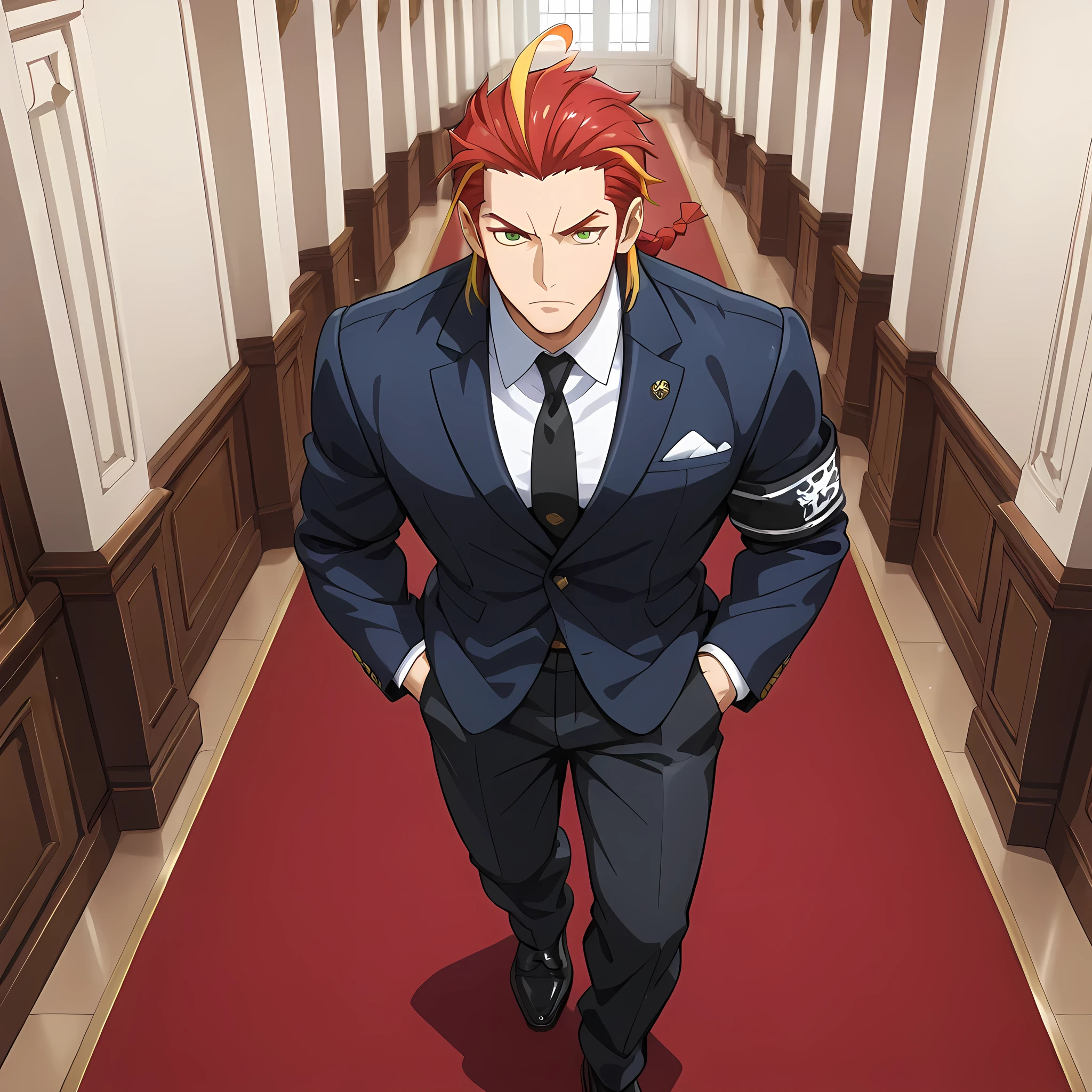 (high front angle, extreme close-up), ((anime skin texture, 1man walking with hands in pockets, perfectly detailed scenery, best image quality, full HD, perfectly detailed appearance, perfectly detailed eyes, 1man, man in a luxurious mansion, man standing showing off his muscles, in a hallway of a mansion, solo, Law Trafalgar's appearance):1.10), {Law Trafalgar}:((1man, serious look, red hair with yellow highlights, long straight hair slicked back, adult man, muscular and developed body, mature man, yellow braid:1.2, green eyes, black dress shoes, luxurious suit, black long pants, yellow dress blouse with black tie, black cloth armband, perfect lips, indifferent look, panting, muscular arms and legs, thin red eyebrows, fire-shaped ahoge:1.2, two-tone hair colors:1.2, lower hair in yellow tone:1.05)).
