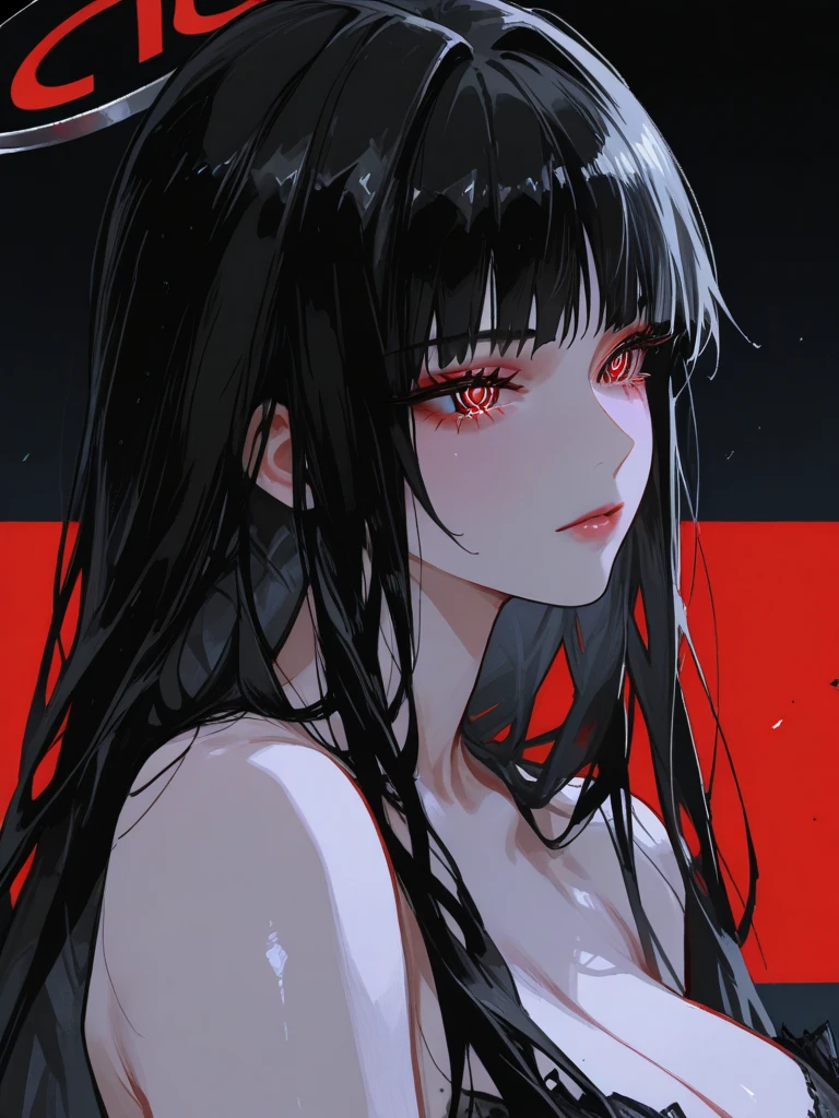 (Masterpiece: 1.2), Best Quality, (Artwork: 1.2), (Ultra Detailed), Hyper Detail, (Delicate Detail), (Intricate Detail), (Cinematic Light, Best Quality Backlight), Clear Line, From Below , Soloist, perfect body, big breasts, (1 woman), black hair, (emperor, transparent black clothes), (crown: 1.1), sitting on throne, head bowed, (makeup), high contrast, (better lighting, extremely created and beautiful), (cinematic light), colorful, split bangs