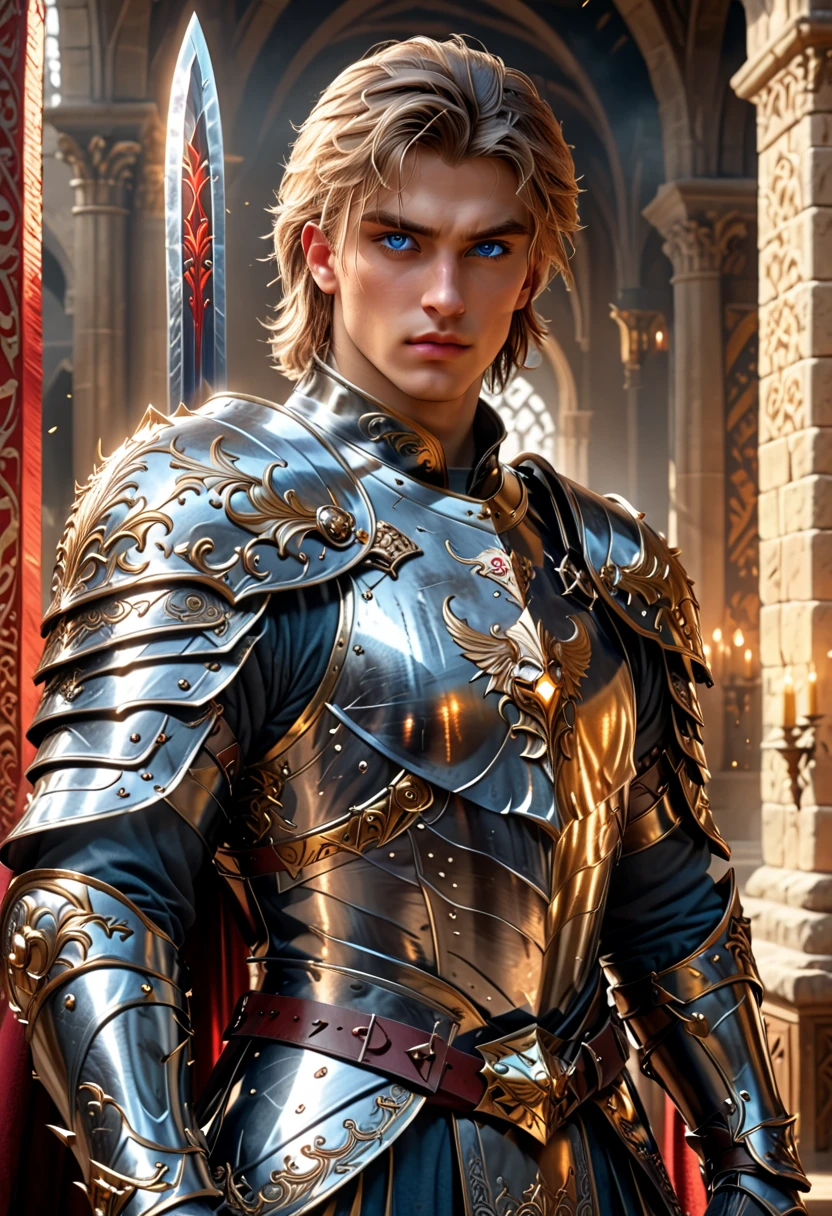(UHD, retina, accurate, anatomically correct, masterpiece, super detail, best quality, 8k, super detail, extremely precise in every detail, beautiful detailed glow, beautiful attention to detail, beautiful detailed eyes), a young male paladin is standing confidently in a medieval English Loyal palace, wears metallic black armor suit decorated with carvings and deep-crimson steels, fully clothed in armor suit, BREAK the armor suit is an intricately detailed design inspired by medieval fantasy, the armor suit features elaborate motifs and reinforced plates, evoking a sense of nobility and strength, the paladin's shoulders are protected by large angular pauldrons which transition into a broad chest-plate adorned with symmetrical embellishments, a long deep blue cape flows gracefully from the figure's back, The paladin's right hand holds a broad long sword firmly, the blade of the sword is made from sapphire, the armor suit's overall design is coherent, stylistically unified, and exuding an aura of heroism and preparedness for battle, the setting is minimalistic, emphasizing the warrior's regalia and stance, BREAK light brown spiked hair, beautiful blue eyes, macho, cinematic lighting