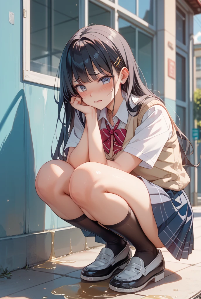 (short cute girl,small young student,young delicate girl),(masterpiece,Top quality),squat,pastel plaid skirt,long black hair