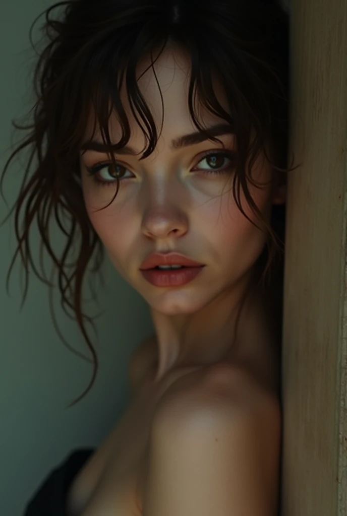 A brunette girl selfie, close up, nude, shower, wet hair