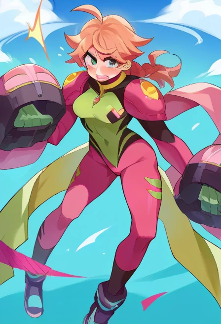A powerful superheroine with muscular legs and a chiseled abdomen, pink long hair and piercing blue eyes, dressed in a sleek tight green swimsuit-style costume with , wielding incredible powers of green gamma plasma, soaring through the night sky above a city bathed in moonlight, in a stunningly realistic.