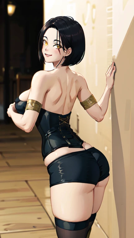 Yor Briar、Black Hair、Gold headband、Black dress、No sleeve、Black choker、Black long boots、Stick your butt out、dynamic、Lean back、Shyness、Slim thighs、look back、Night back alley background、Gold Hair Ornament、Dark Background、Spread your legs、Wall、Put your hands on the wall、Laugh shyly、Raise your arms up and place them on the wall、looking at the camera、Blushing、Standing and turning your buttocks、Wallに手を置いて立つ、Stretch your legs、Emphasize the buttocks、From directly behind、Camera facing the wall